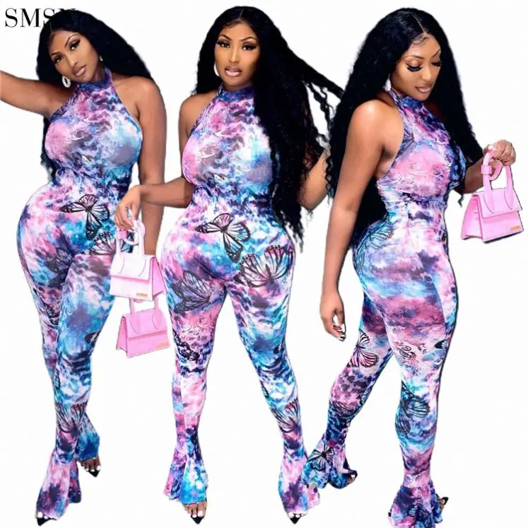 

Wholesale Fall Woman Bodysuits Backless Butterfly Tight Autumn One Piece Jumpsuits Sexy Halter Sleeveless Tie Dye Neck Jumpsuit