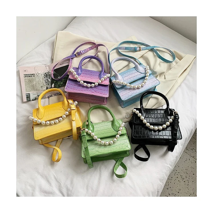 

Summer New Gradient Color Small Square Bag Female Pearl Handle Shoulder Bags Ins Designer Flap Messenger Bags Crocodile Handbags