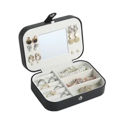Wholesale Luxury Black Travel Jewelry Box With Mirror Leather Portable Earring Ring Necklace Organizer Jewellery Girl Gift Case