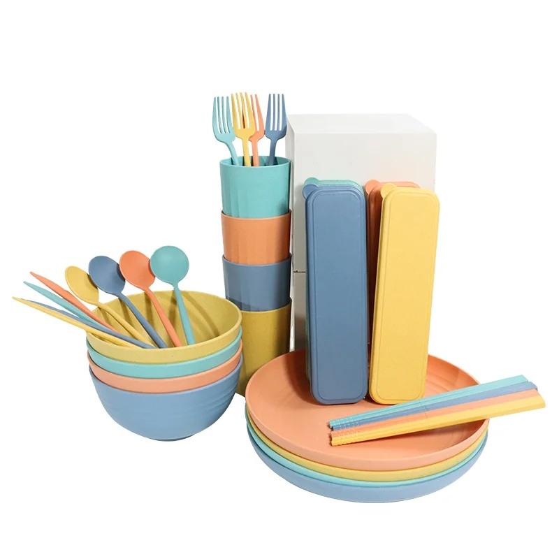 

2021 Wholesale Custom Eco Friendly Biodegradable Plates And Cutlery Set Reusable Wheat Straw Tableware Dinnerware Sets, Customized color