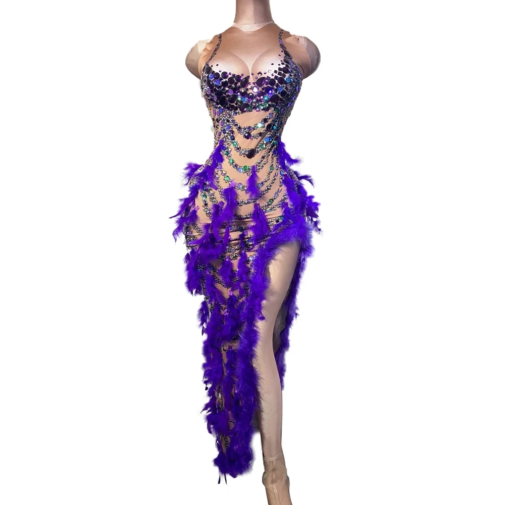 

Sexy Purple Crystal Feather Long Dress Women Stretch Nude Evening Party Bodycon Dress Singer Stage High Slit Rhinestone Dress