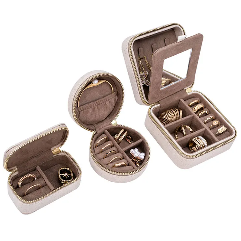 

New Design Diamonds Ring Jewelry Case Mirror Eco Friendly Linen Necklace Box, Beige