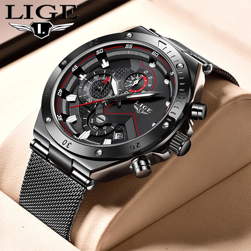 

New Watches LIGE 8961 Top Brand Luxury Gold Quartz Mens Watch Waterproof Big Sport Wrist Watch Stainless Steel Date Reloj Hombre, 3 colors