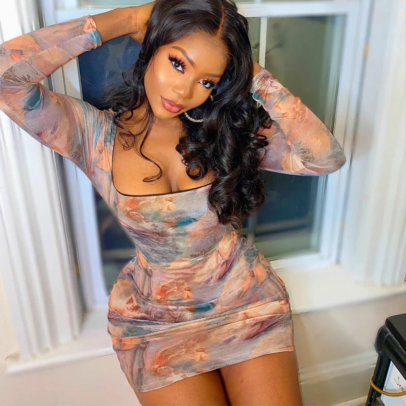 

oil painting long sleeve sexy women bodycon mini dress 2020 fashion club party evening elegant ladies clothes, Customized color