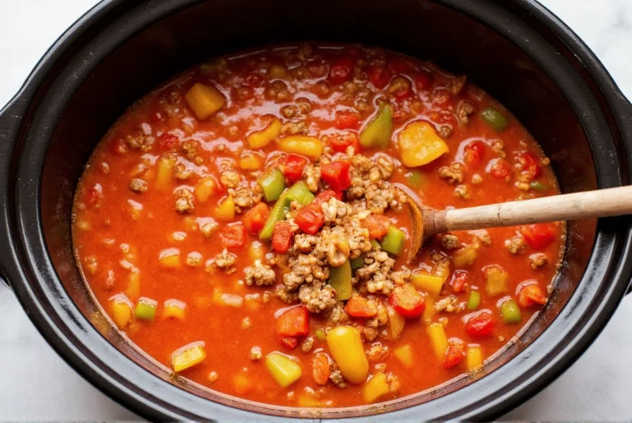 Crock pot filled with vibrant red tomato broth and sliced bell peppers, ground beef, and rice mixture showing the finished stuffed pepper soup