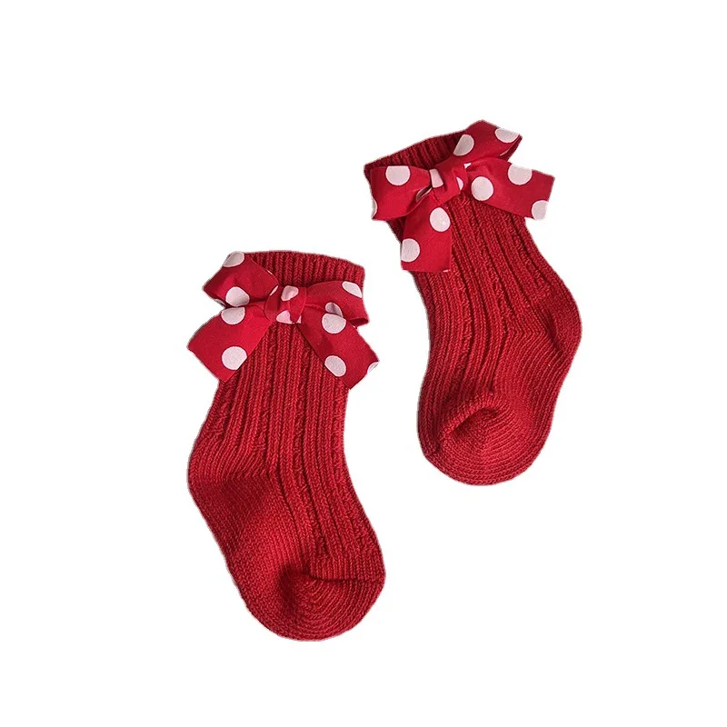 

Cheap Factory Wholesale Spanish Style Cristmas Cute Jacquard Bowknot 100% Cotton Design Nordic Baby Sock, Red