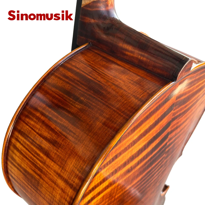 Sinomusik Made Red Brown Handed Spraying Flame Maple Cello with Bag Bow High End Grade String Instrument Made in China