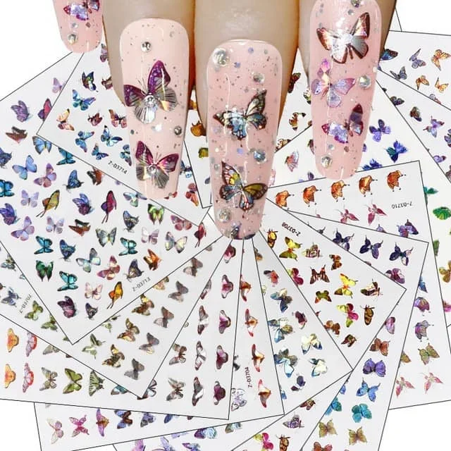 

2020 Professional Wholesale Adhesive 3D Butterfly Nail Decal Holographic Nail Sticker, Colorful