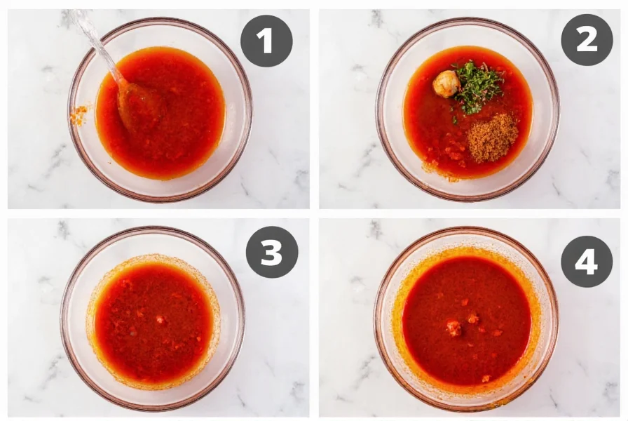 Step-by-step process of making homemade sweet chili sauce in a glass bowl with fresh ingredients