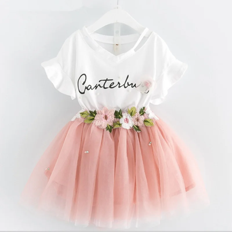 

INS Hot Sales Baby Girls Short Sleeve Shirts + Dress Clothes Set Cotton Flower Fairt Skirt Suit, Green / pink