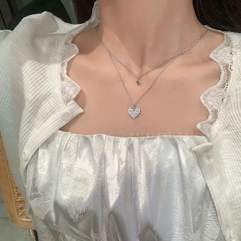 

2022 fashion new love diamond double layer stacking necklace women rhinestone light luxury collarbone chain women daily jewelry