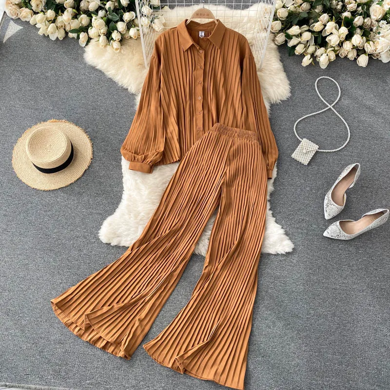 

Ladies Women Clothing Solid Color Set Casual Clothes Lapel Neck High Quality Chiffon Women Sets Elegant Office Sets Long