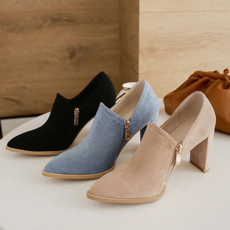 

New Style Pointy Head Solid Color Zip Leisure Thick Heel Shoes for Women, Black,blue,ecru