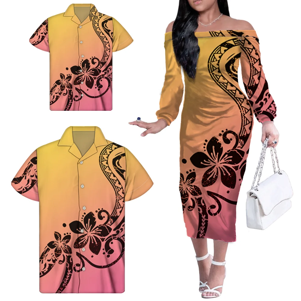 

Vintage Couple Clothing Women Sexy Bodycon Dress Polynesian Tribal Plus Size Off Shoulder Dress Printed Family Matching Clothes