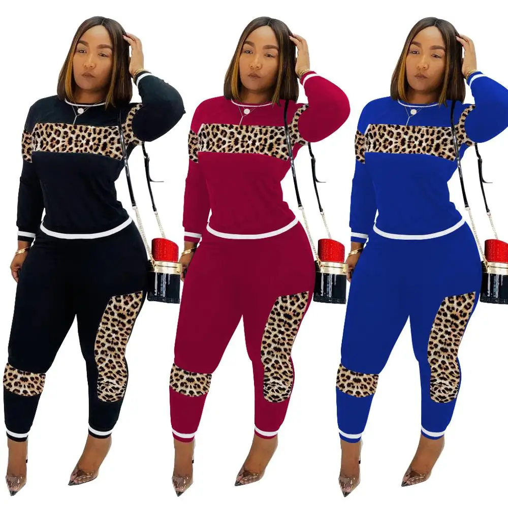 

Latest Design Women Leopard Outfit Tracksuit Patchwork Ladies Two Piece Set Clothing, Picture color