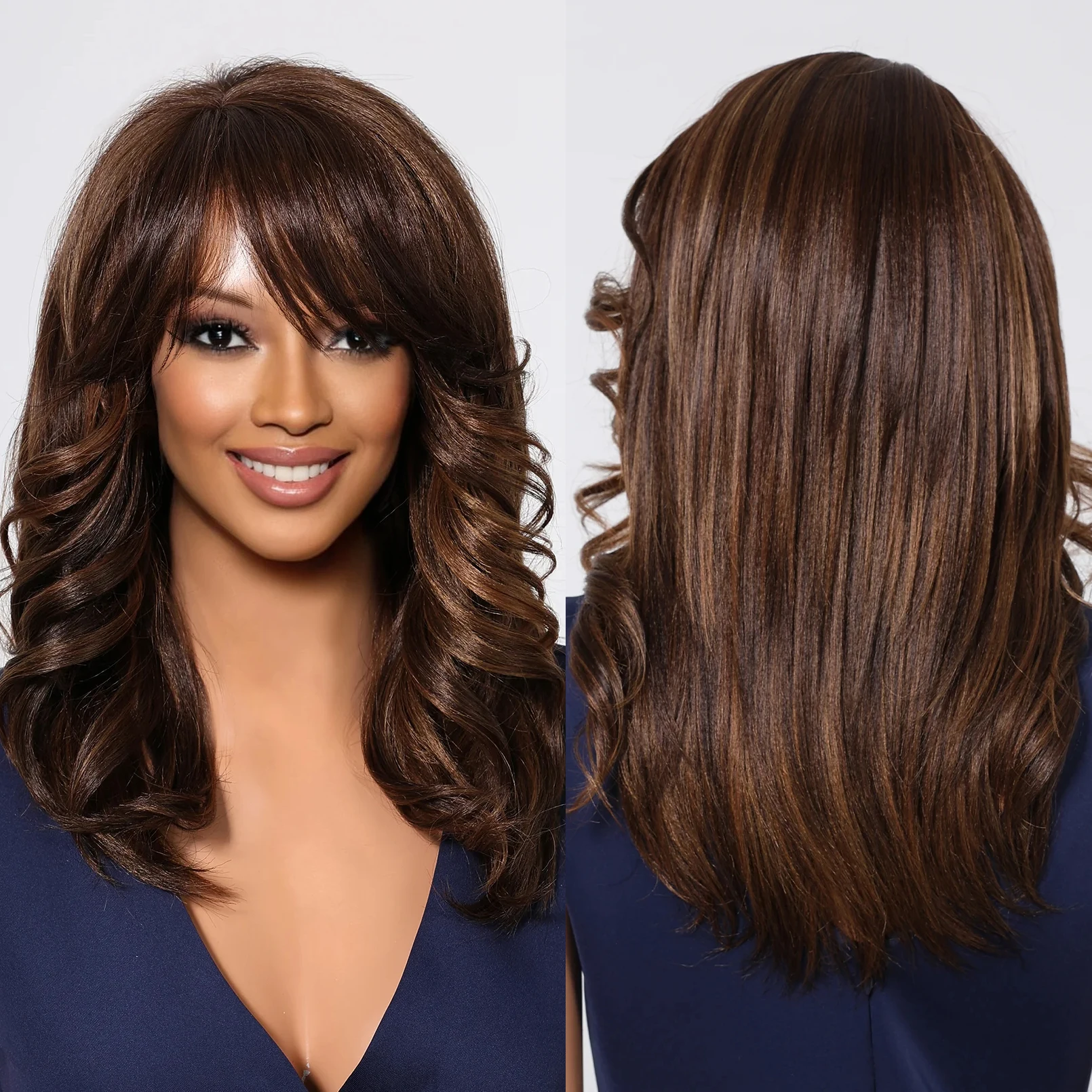Brown Wig Medium and Long Hair Straight Hair Wave Red Stripe With Bangs Wig Women Heat Resistant Fiber Matte Durable Real Photo