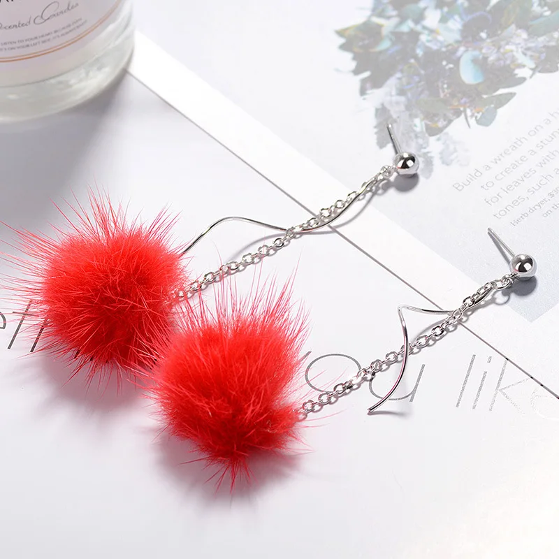 

Rabbit Fur Ball PomPom Long Wedding S shape Earrings for Women Unique Soft Pom Pom Ear Earring Jewelry Cute Christmas Gift