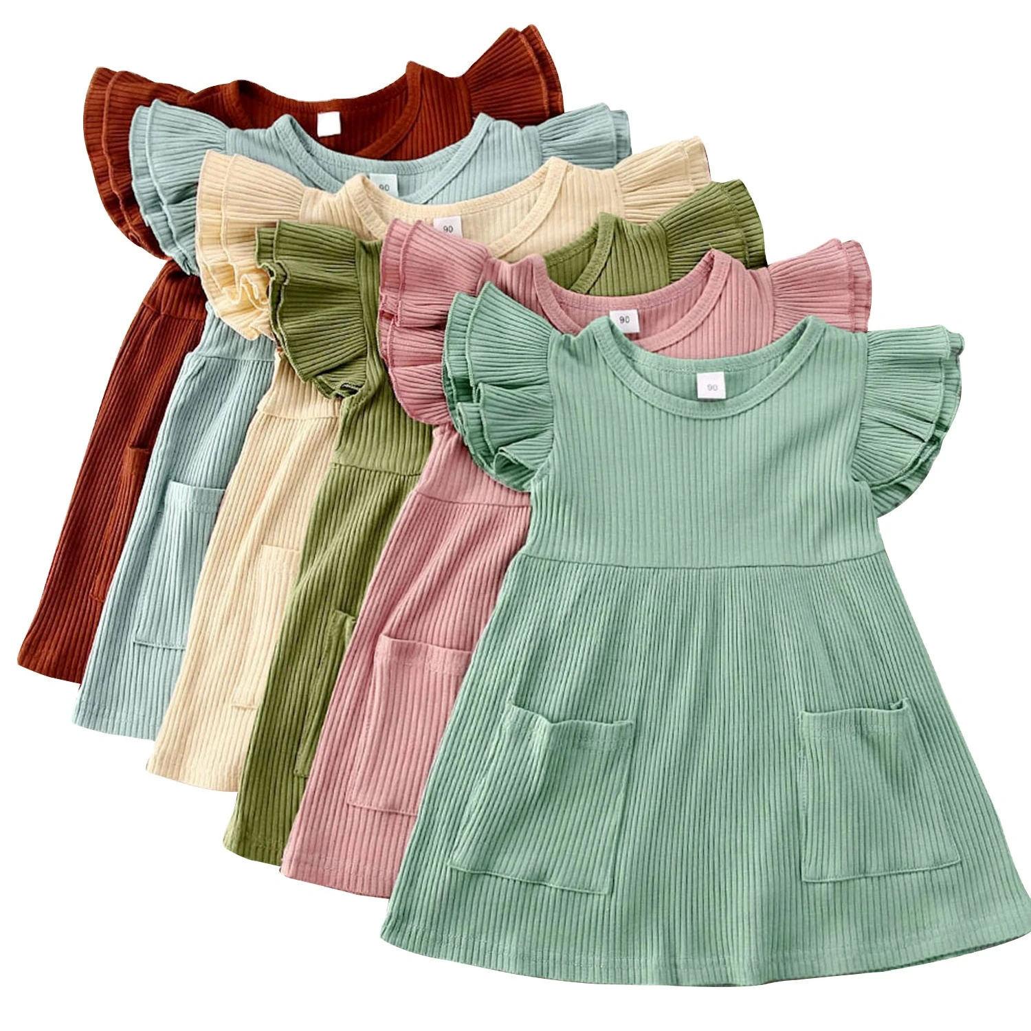 

InStock Baby Summer Clothing 1-4Y Kid Baby Girls Cute Dress Knitted Ribbed Gown Ruffles Sleeve Pocket A-Line Dress Solid Outfits, Picture shows