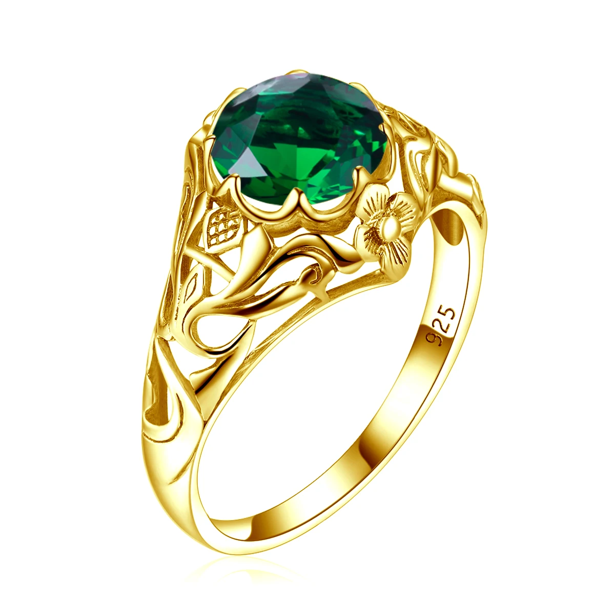 

Women Vintage Filigree Jewelry Round Green Gemstone Real 925 Sterling Silver Rings Gold Emerald Ring