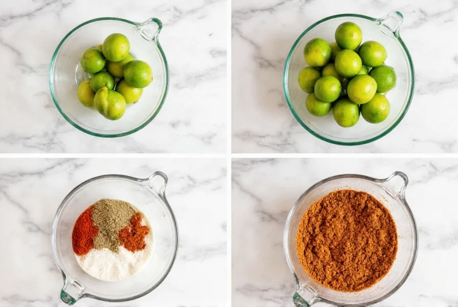 Step-by-step process of making homemade chili lime seasoning with fresh limes, chili powder, and spices in a glass bowl