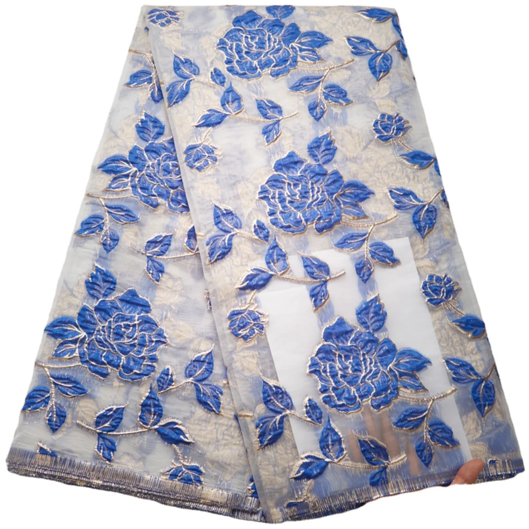 

2673 Free Shipping Nigeria Tulle Lace Fabric Brocade Fabric Royal Blue Lace Fabric With Gold Line African Brocade Lace