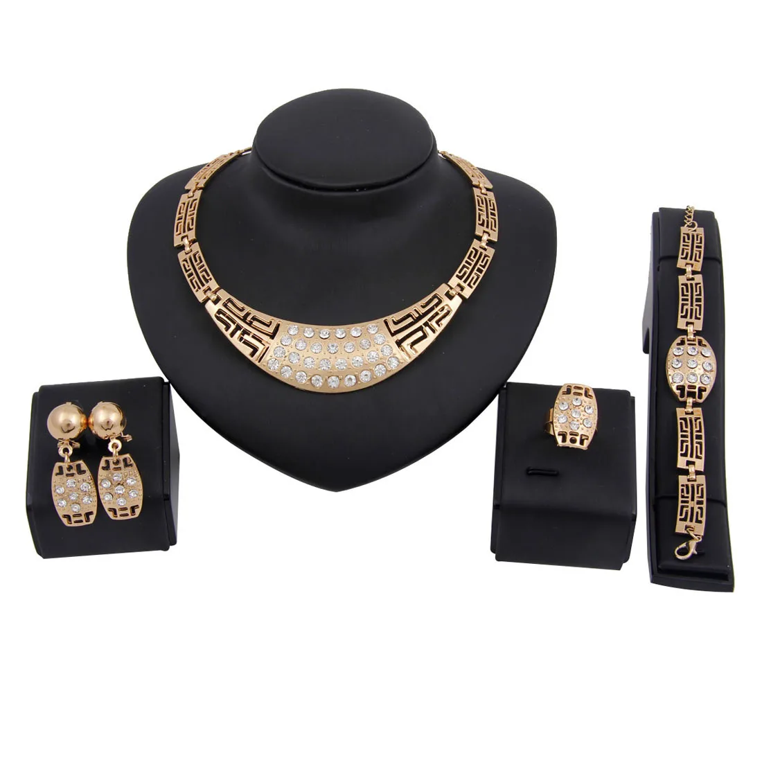 

HOVANCI Fashion Jewelry Set Gold Plated Crystal Necklace Earrings Bracelet Set For Bride Wedding