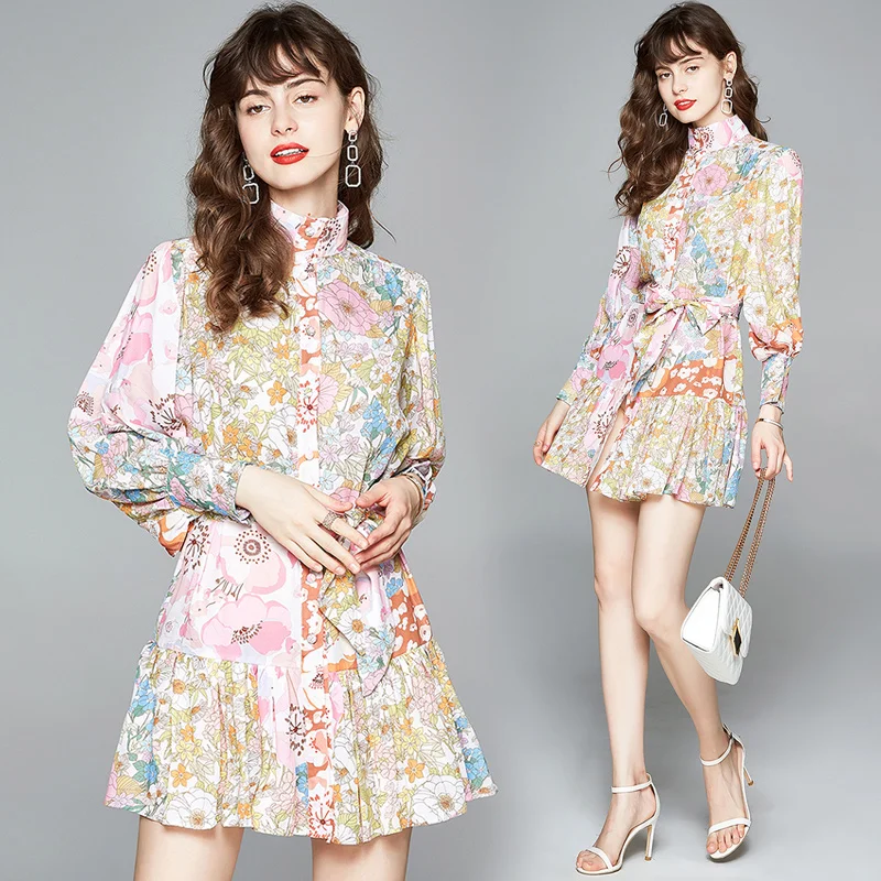 

European style 2021 new style fashion single-breasted elegant stand collar long puff sleeve ladies summer floral short dress, Picture color