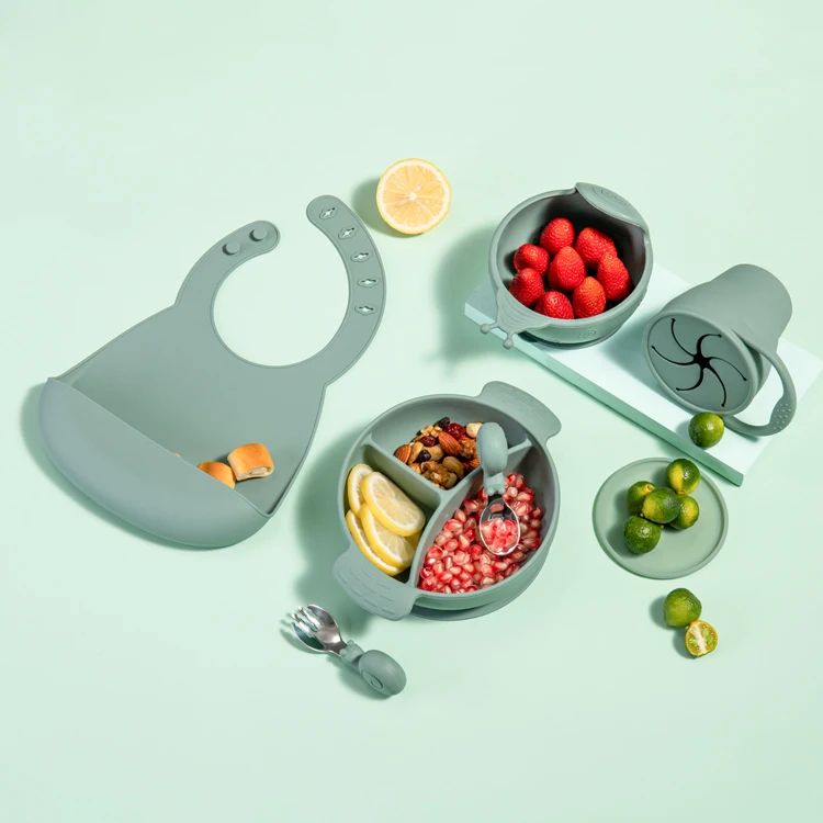 

Silicone divided bowl baby tableware kids children dinnerware baby 5 pieces sets silicone baby feeding set, Optional