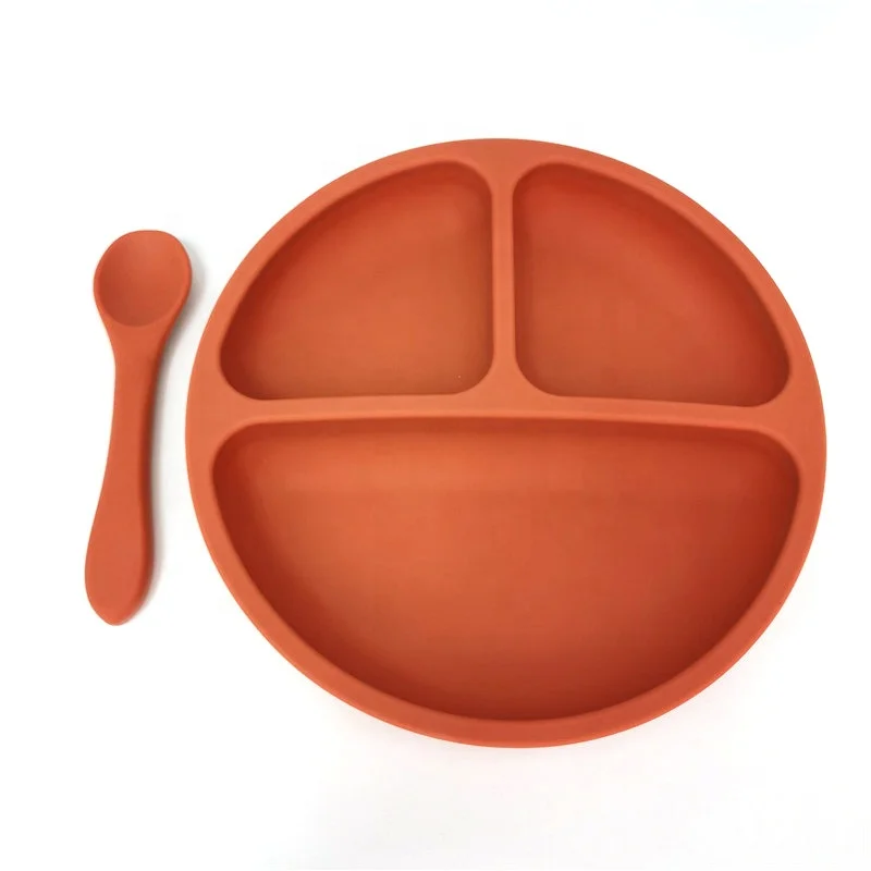 

New Arrival Food Grade Kids Feeding Gift Food Plate Spoon Set Silicone Plates for Baby Toddlers, Black, white, pink, green, red, yellow, royal blue
