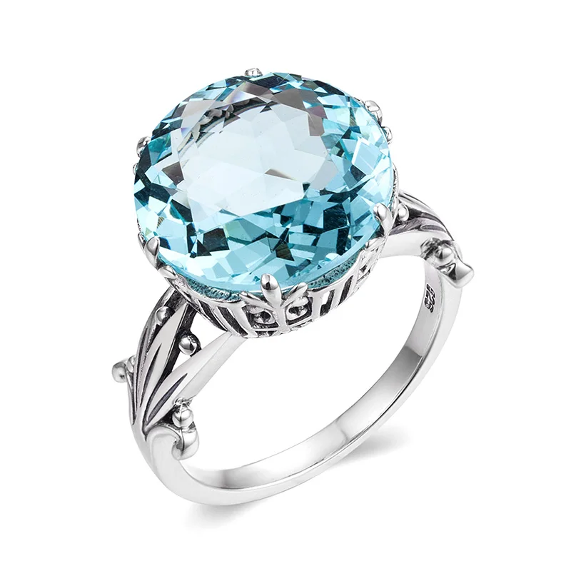 

Jewelry Factory Wholesale Silver Rings Women 925 Sterling Round Blue Topaz Gemstone Finger Accessories Women Ring Gift