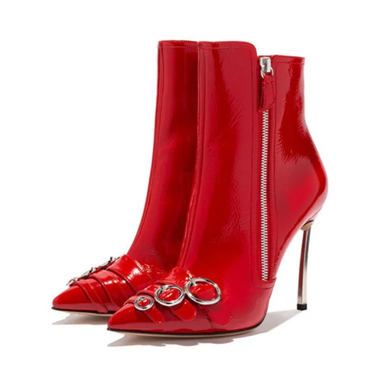 

Sexy Women Red Ankle Boots Winter Stiletto Booties Lady Dress Mirror Patent High Metal Thin Heel Short Boots