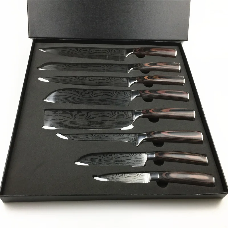 

8pcs Kitchen Chef Knives Set 8 inch Japanese 7CR17 440C High Carbon Stainless Steel Damascus Laser Pattern Slicing Santoku Tool, Customized color