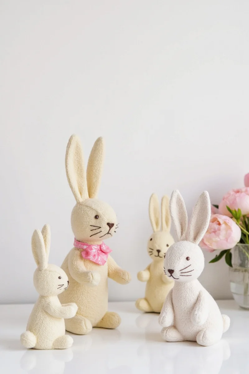 A modern living room with pastel-colored bunnies decorations, including wall art, throw pillows, and a custom-built bunny hideout.