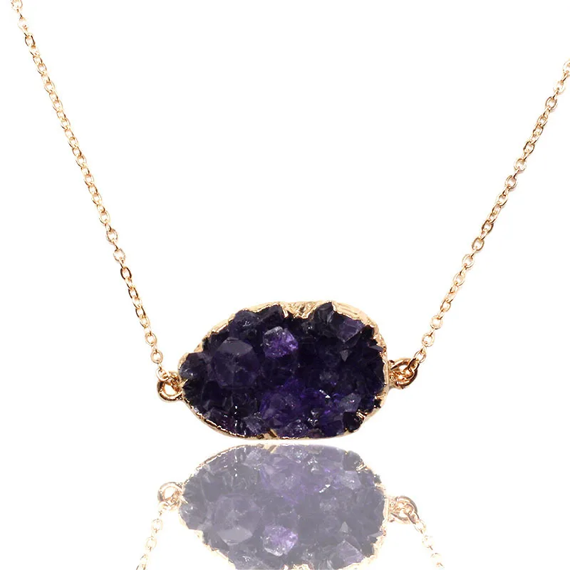 

New Popular Natural Drusy Amethyst Freeform Pendant Necklace Gold-plate Custom Crystal Druse Double Buckle Connector Pendant, Purple