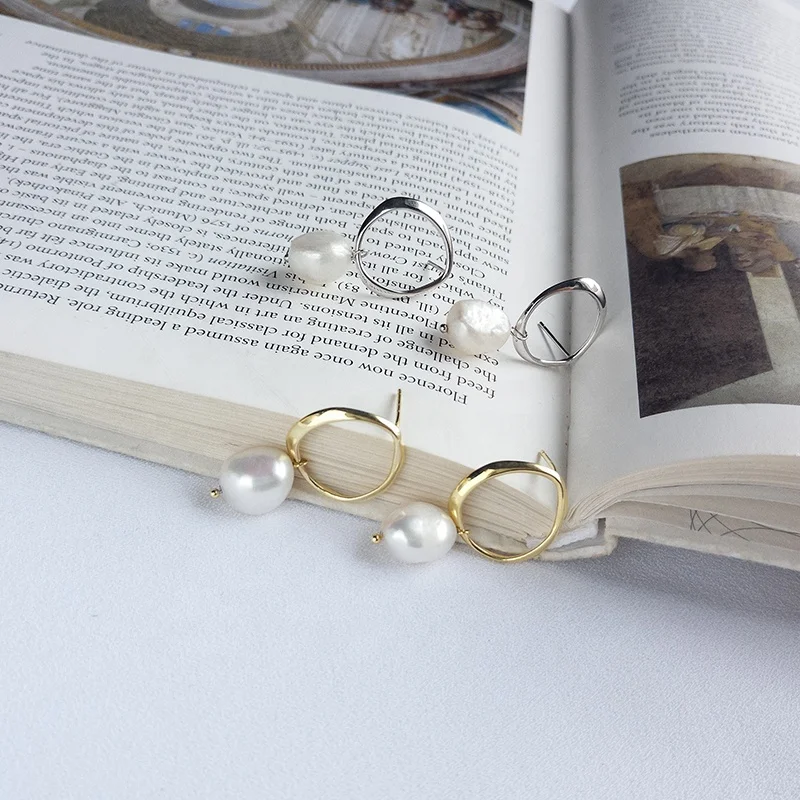 
Popular Minimalist Natural Baroque Pearl Earrings 18K Gold Plated 925 Silver Circle Stud Earrings Jewellery E1760 