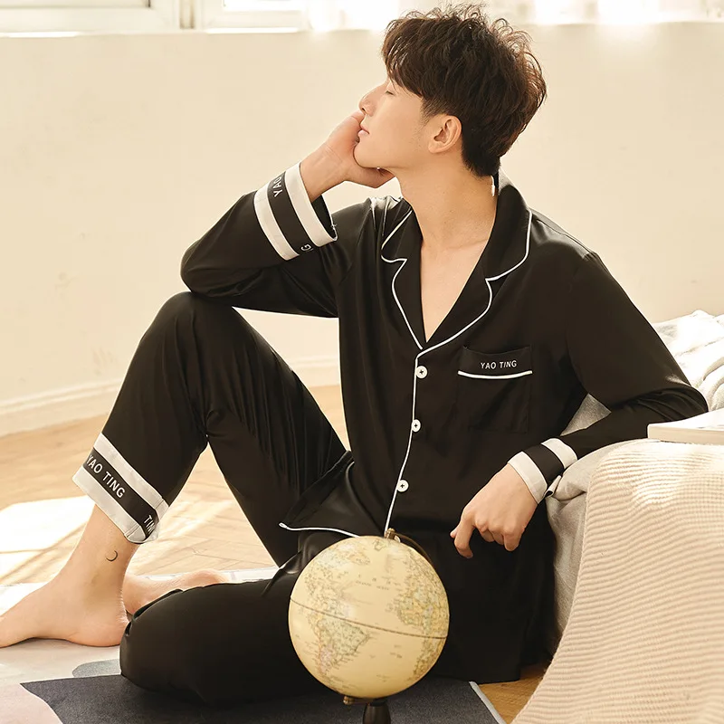 

Mens Solid Color Satin Pajama Homewear Long Sleeve Trousers Sets Cuff Stitching Family Pajamas Sleepwear, 4 color