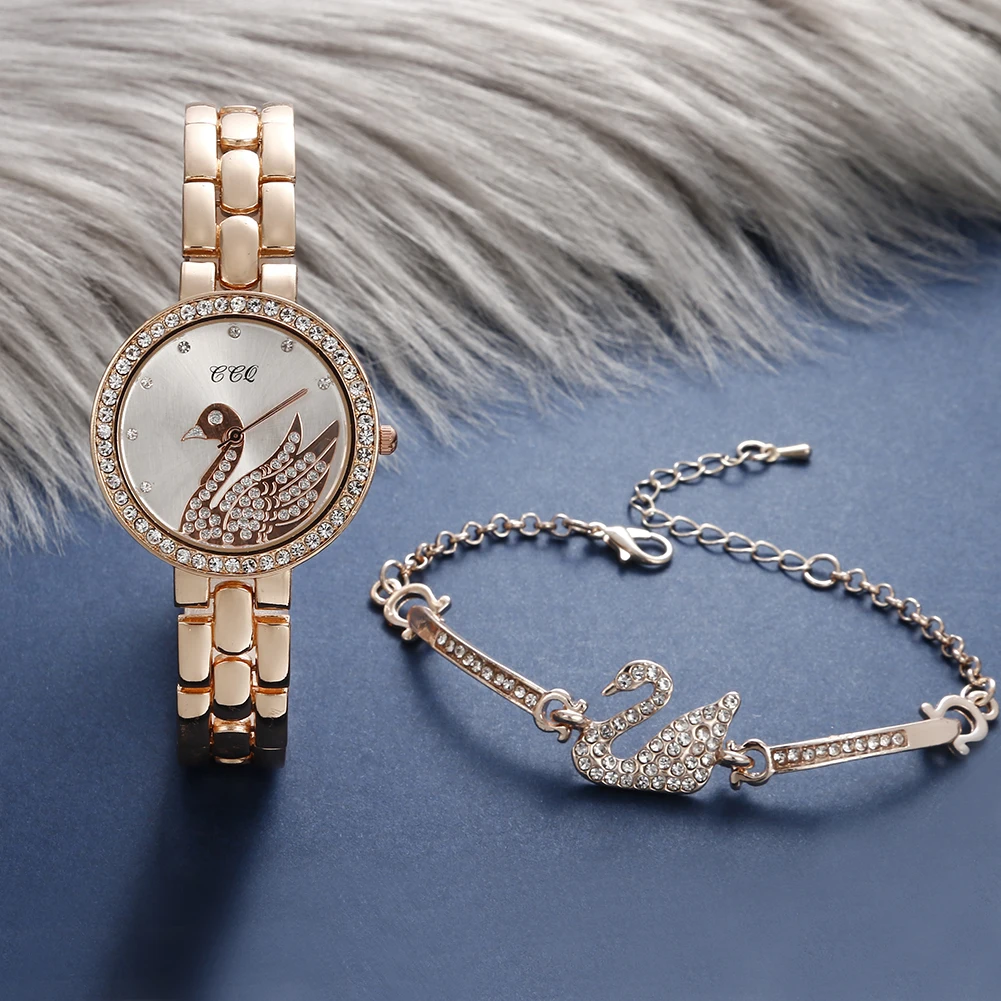 2 PCS Jewelry Set Steel Watch Ladies Quartz Crystal Dial Swan Watches Stylish TW468