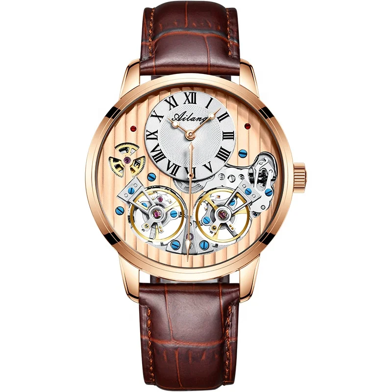 

AILANG Mens Watches Top Brand Double Tourbillon Skeleton Watch Men Sport Leather Waterproof Automatic Mechanical Wrist Watch