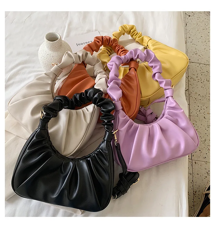 

2020 Fall Fashion Leather Lady Women Pleated Cloud Shoulder Bag Underarm Handbag New Design Candy Color Clutch