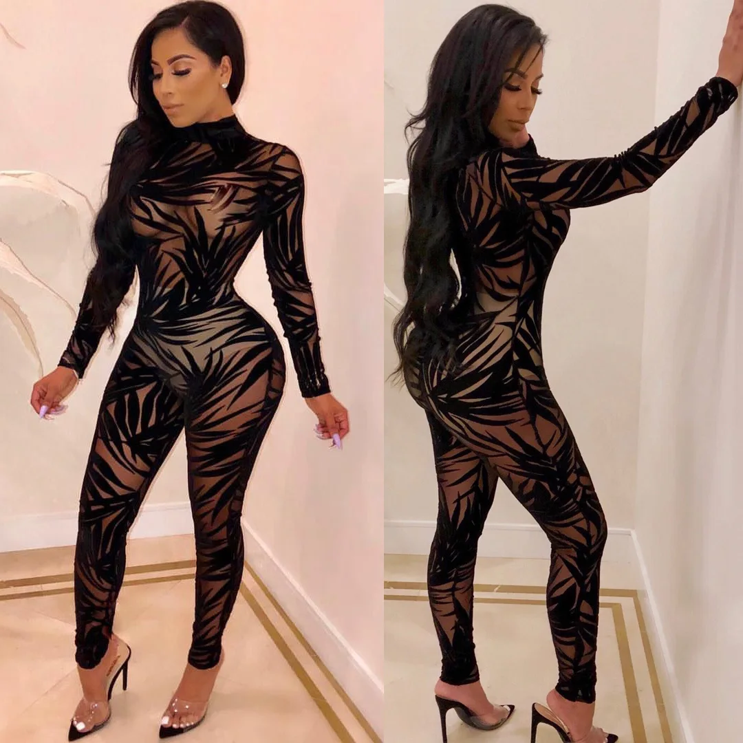 

Hot Striped Perspective Long Sleeve Bandage Bamboo Leaves Mesh One Piece Jumpsuit