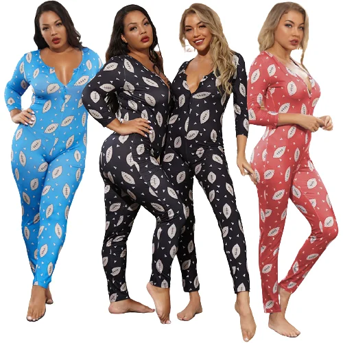 

2021 Print Button Long Sleeve Plus Size Sleepwear Loungewear Women