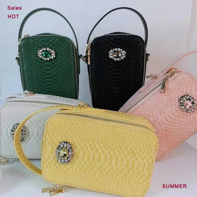 

Classic Charming Crystal Diamond Bag Python Leather Phone Shoulder Bag Lady Snake Chain Pouch Trendy Box Bag