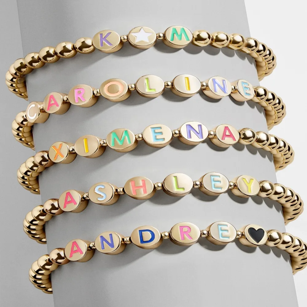 

Women gold plated DIY initial letter enamel bead high quality alpha stretch bracelet