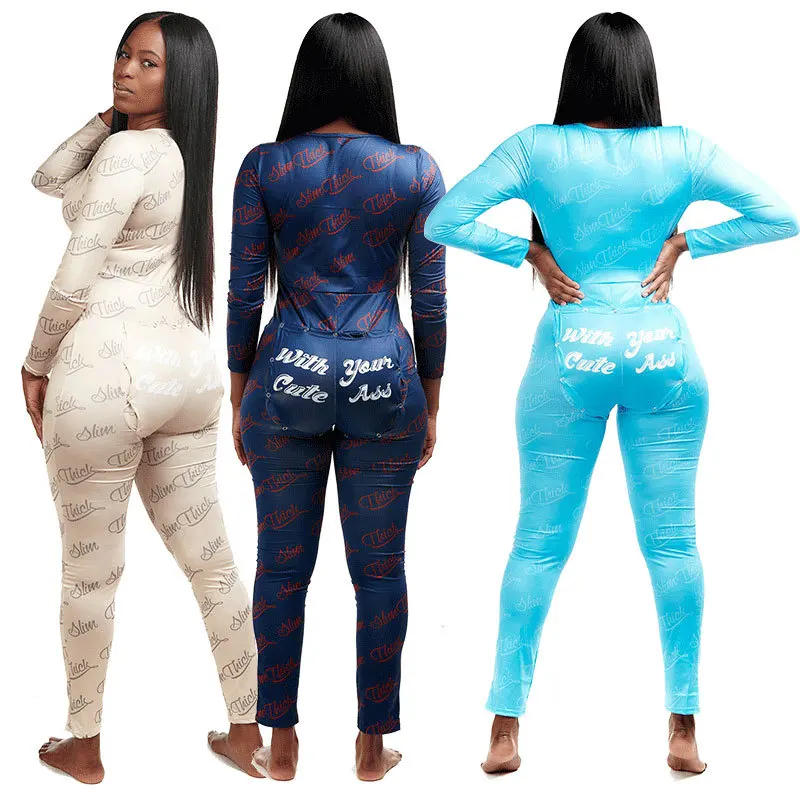 

Custom Onesie Sexy Women Nightwear Long Sleeve Pants Onesie Mature Women Night Wear Butt Out Plus Size Oneies With Butt Flap, Multi colors