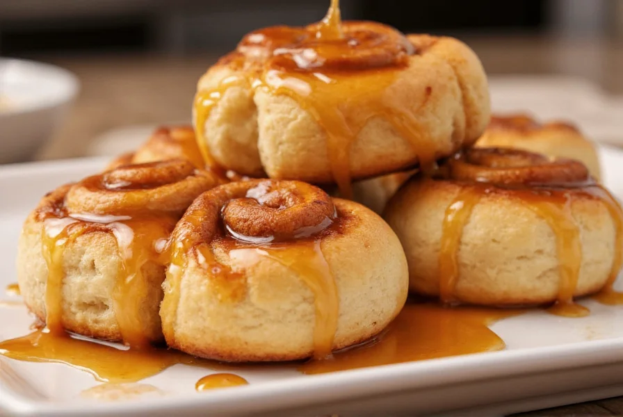 Finished sticky cinnamon scrolls with gooey caramel sauce dripping from perfectly layered rolls