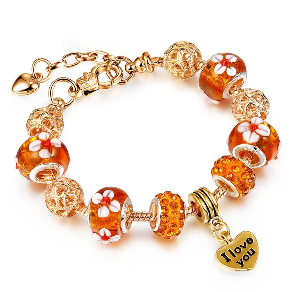 

Valentine Adjustable Snake Chain Australia Crystal Glass Beads Bracelets 18k Gold Plated I Loe you Heart Pendant Charm Bracelet