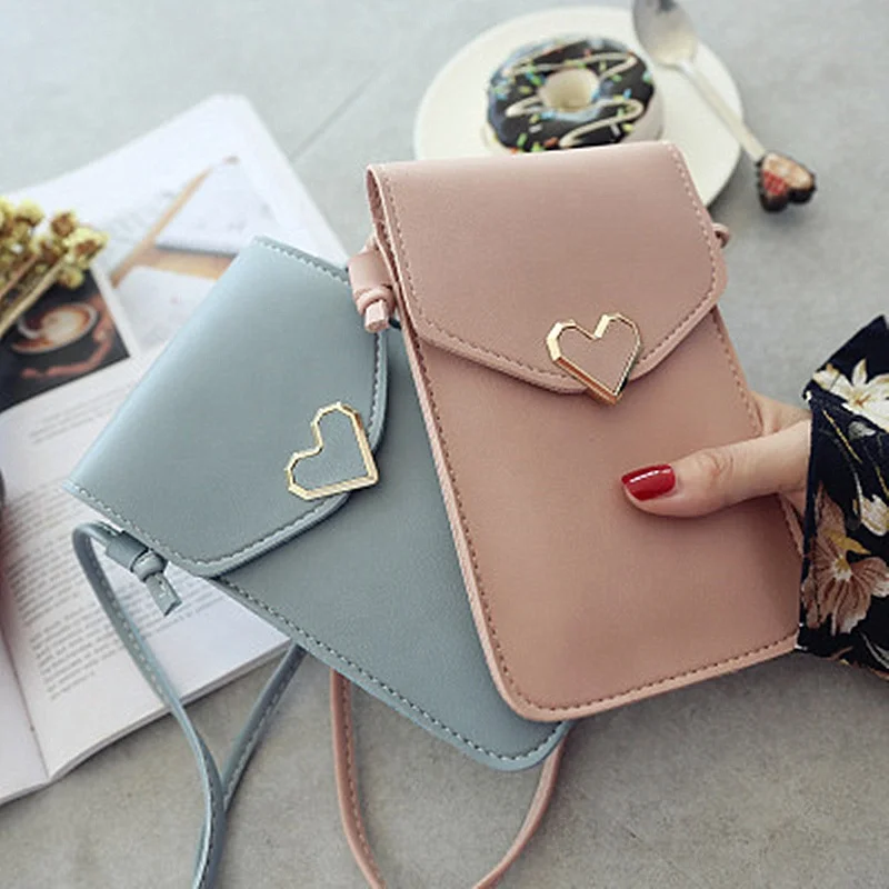 

2021 Wholesale touch screen clear window small purse phone packaging crossbody PU leather mobile phone bags