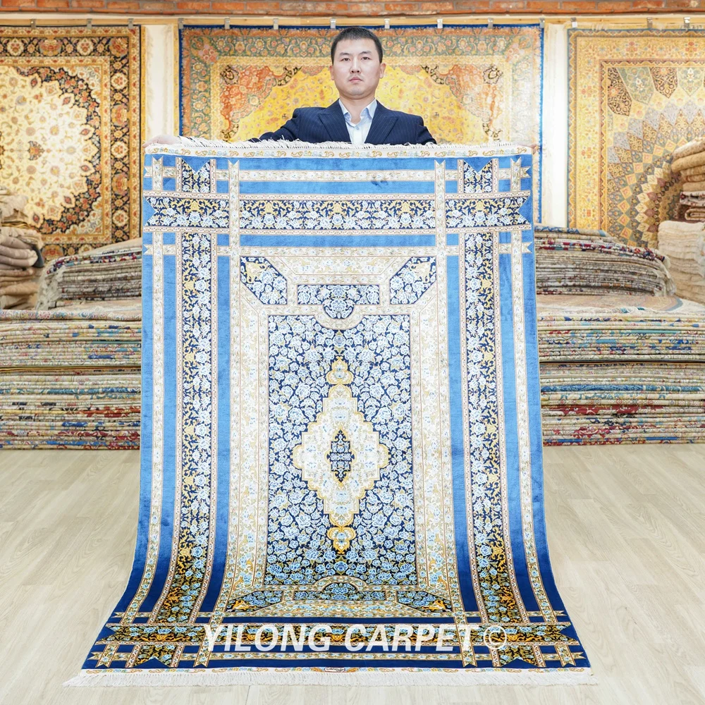 

YILONG 4'x6' Blue rose new design hot sale silk area carpet handmade Chinese rug