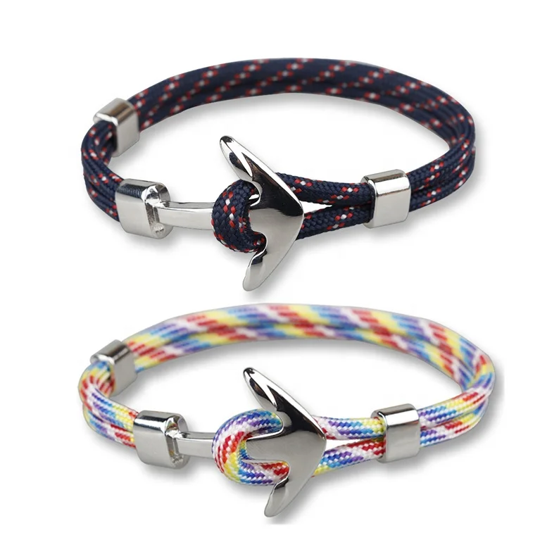 

Wholesale Creative jewelry European Handmade Mens Silver Plated Polyester Anchor Rope Bracelet, 10 color or custom color