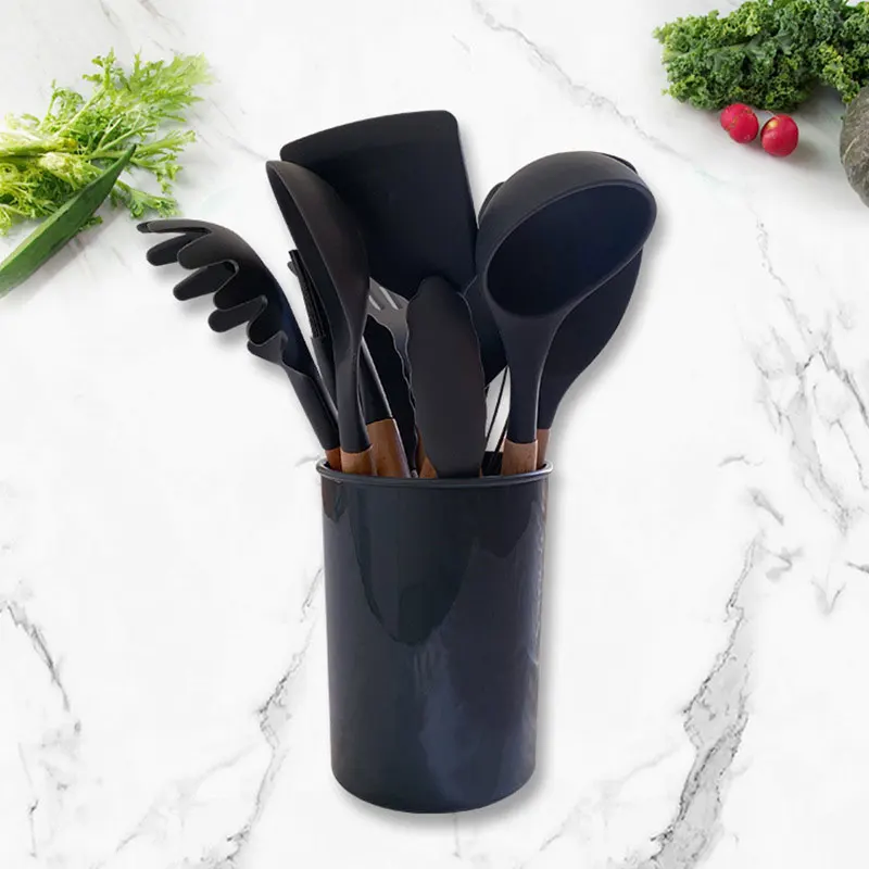 

China Suppliers 100% Eco-Friendly Cooking Tools 11Pcs Utensils Wooden Handle Silicone Kitchen